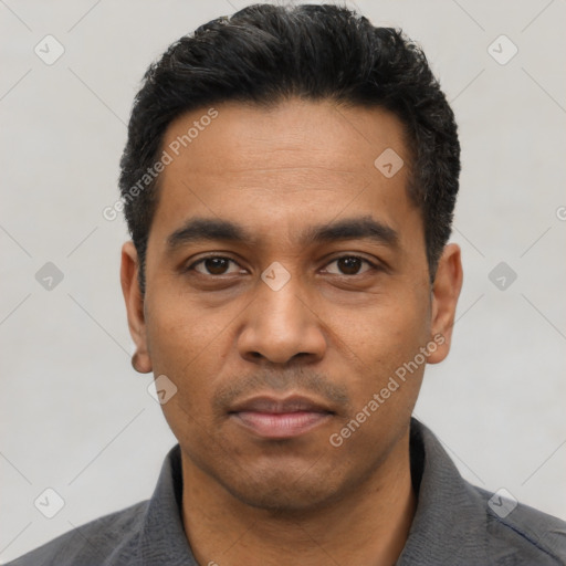 Neutral latino young-adult male with short  black hair and brown eyes