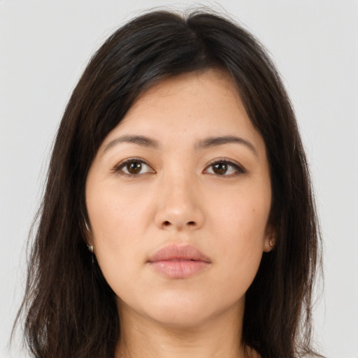 Neutral asian young-adult female with long  brown hair and brown eyes