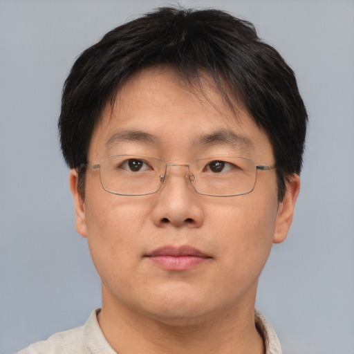 Neutral asian adult male with short  brown hair and brown eyes