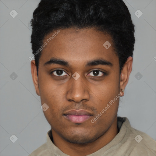 Neutral black young-adult male with short  black hair and brown eyes