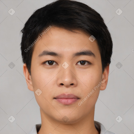 Neutral asian young-adult male with short  black hair and brown eyes