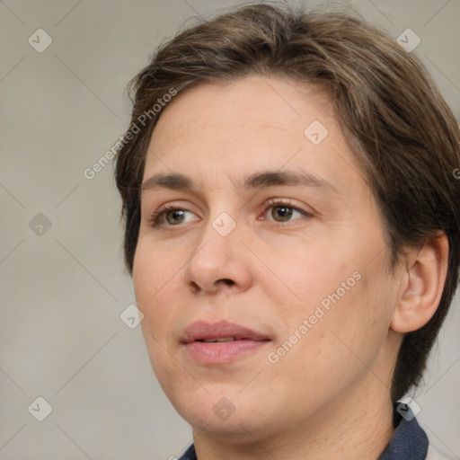 Neutral white adult female with medium  brown hair and brown eyes