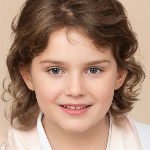 Joyful white child female with medium  brown hair and brown eyes