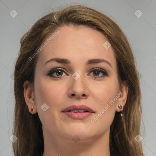 Joyful white young-adult female with long  brown hair and grey eyes