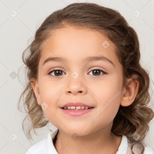 Joyful white child female with medium  brown hair and brown eyes