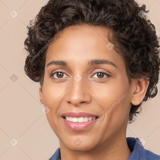 Joyful white young-adult female with short  brown hair and brown eyes