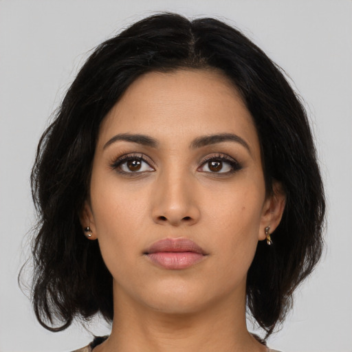 Neutral asian young-adult female with medium  black hair and brown eyes