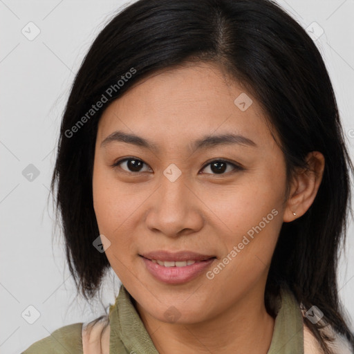 Joyful asian young-adult female with long  brown hair and brown eyes