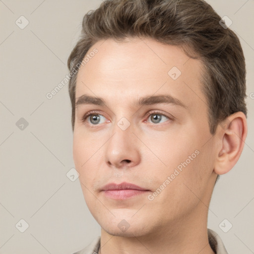 Neutral white young-adult male with short  brown hair and grey eyes