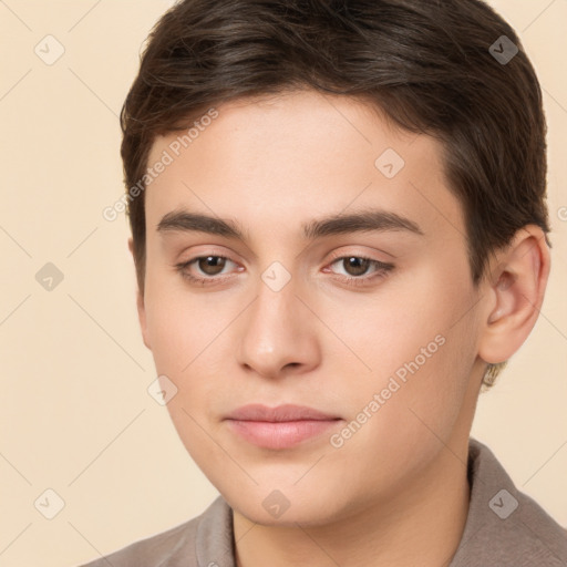 Neutral white young-adult male with short  brown hair and brown eyes