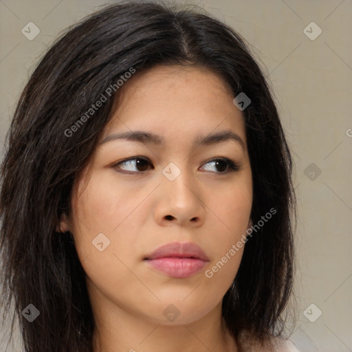 Neutral asian young-adult female with medium  brown hair and brown eyes