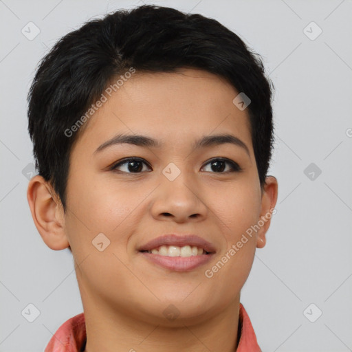 Joyful asian young-adult female with short  brown hair and brown eyes