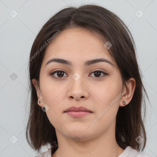 Neutral white young-adult female with medium  brown hair and brown eyes