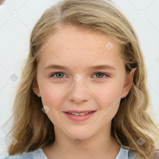 Joyful white child female with medium  brown hair and blue eyes