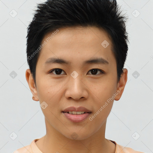 Joyful asian young-adult male with short  brown hair and brown eyes