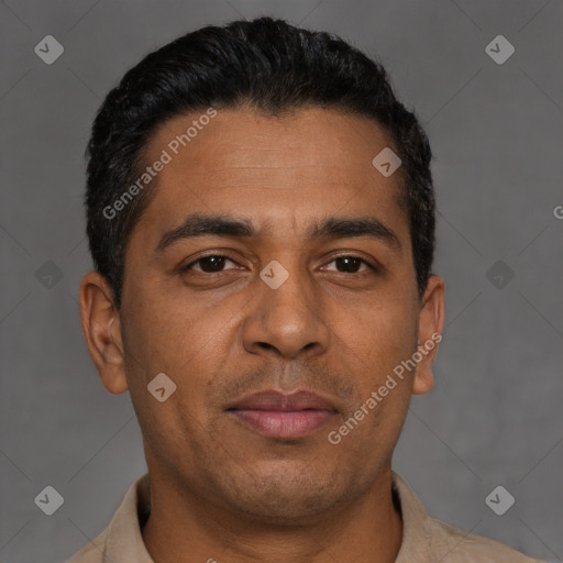 Neutral latino young-adult male with short  black hair and brown eyes