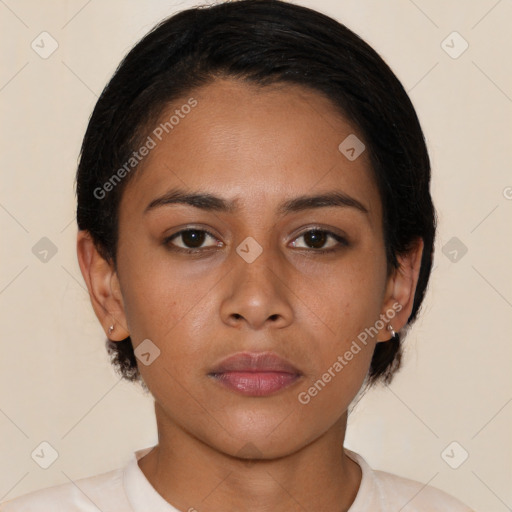 Neutral latino young-adult female with short  brown hair and brown eyes