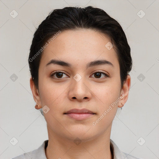 Neutral asian young-adult female with short  brown hair and brown eyes