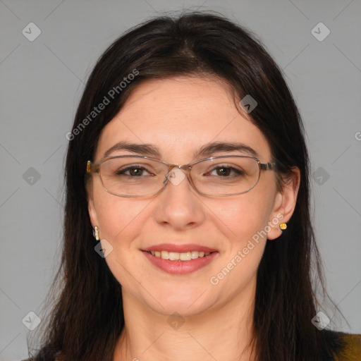 Joyful white adult female with medium  brown hair and brown eyes