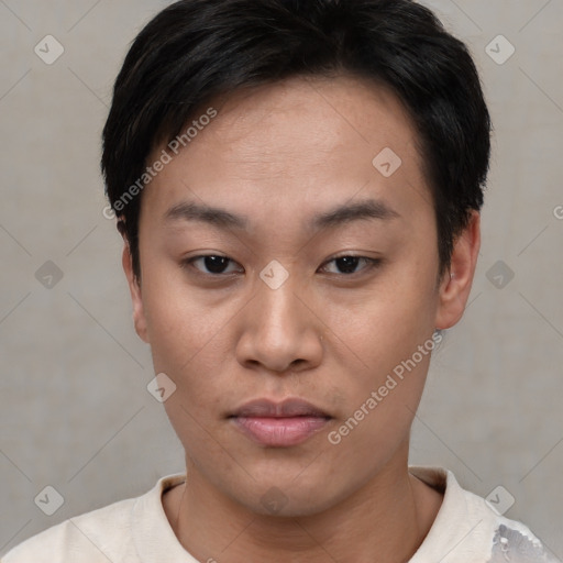 Neutral asian young-adult female with short  brown hair and brown eyes
