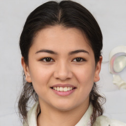 Joyful white young-adult female with medium  brown hair and brown eyes