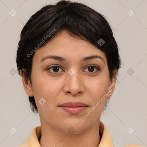 Joyful asian young-adult female with medium  brown hair and brown eyes