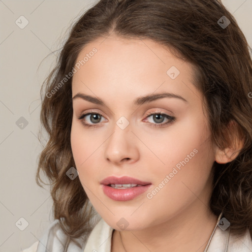 Neutral white young-adult female with medium  brown hair and brown eyes