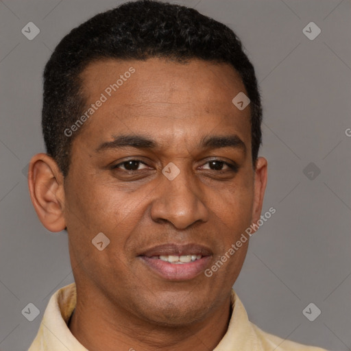 Joyful latino adult male with short  brown hair and brown eyes