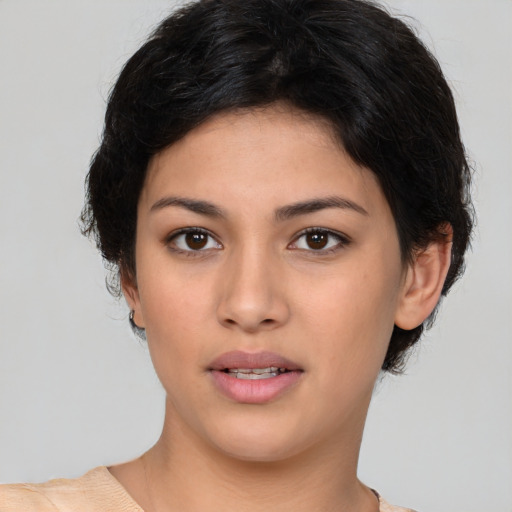 Neutral white young-adult female with medium  black hair and brown eyes