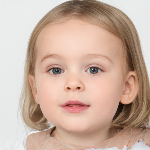 Neutral white child female with medium  brown hair and blue eyes