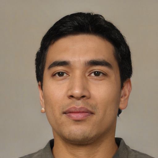Neutral asian young-adult male with short  black hair and brown eyes