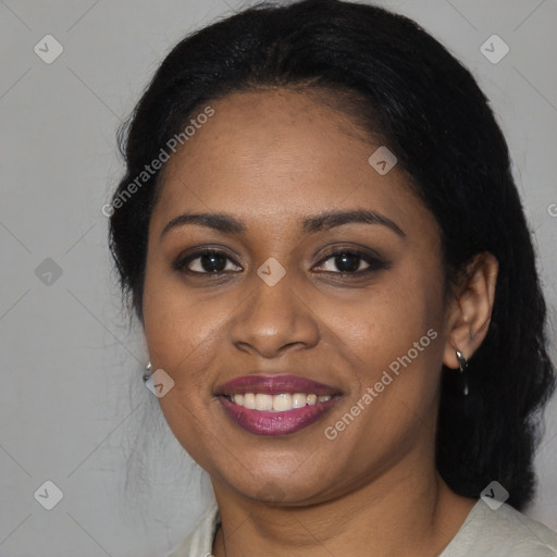 Joyful black young-adult female with medium  black hair and brown eyes