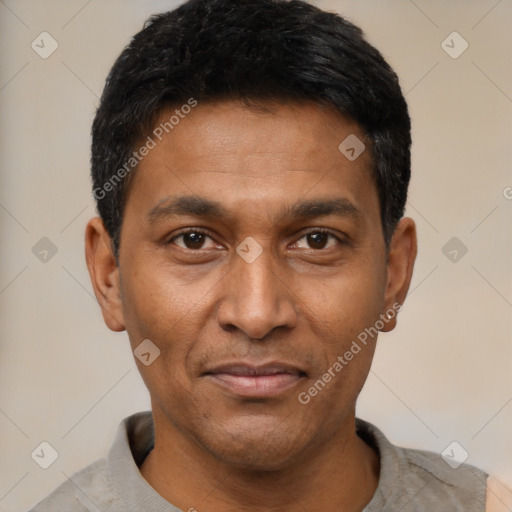 Joyful latino adult male with short  black hair and brown eyes