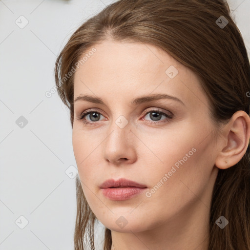 Neutral white young-adult female with long  brown hair and grey eyes