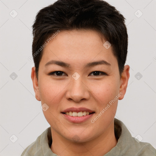 Joyful asian young-adult female with short  brown hair and brown eyes