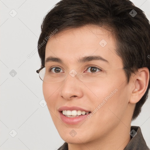 Joyful white young-adult female with short  brown hair and brown eyes