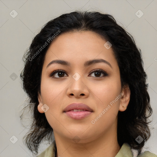 Neutral asian young-adult female with medium  brown hair and brown eyes