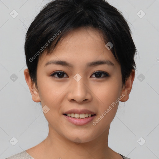Joyful asian young-adult female with short  brown hair and brown eyes
