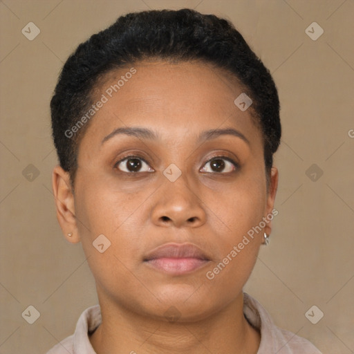 Neutral black young-adult female with short  brown hair and brown eyes