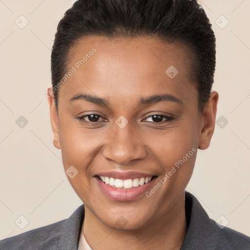 Joyful white young-adult female with short  brown hair and brown eyes