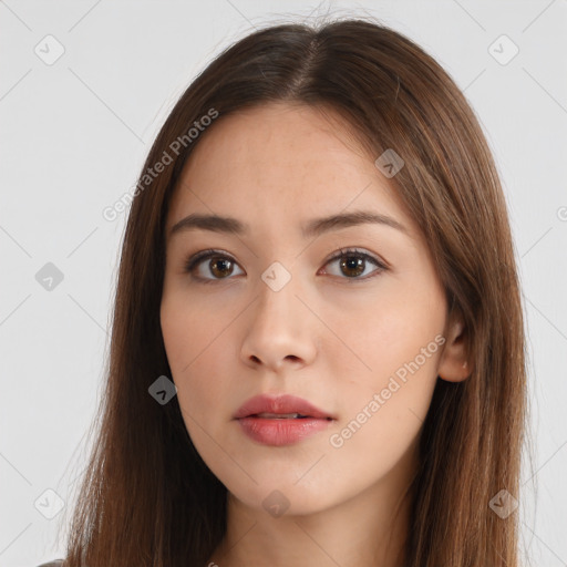 Neutral white young-adult female with long  brown hair and brown eyes