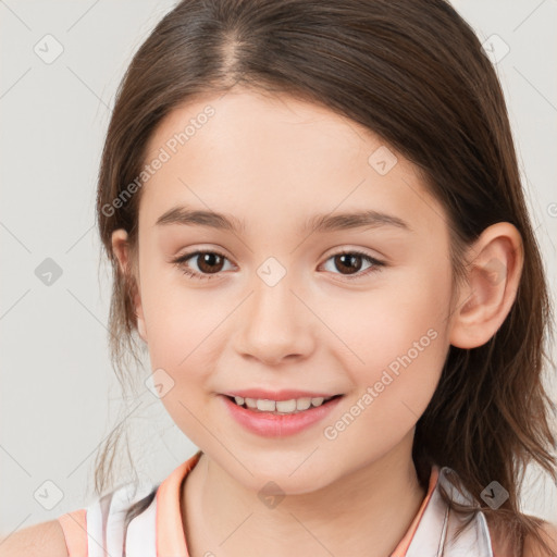 Joyful white child female with medium  brown hair and brown eyes