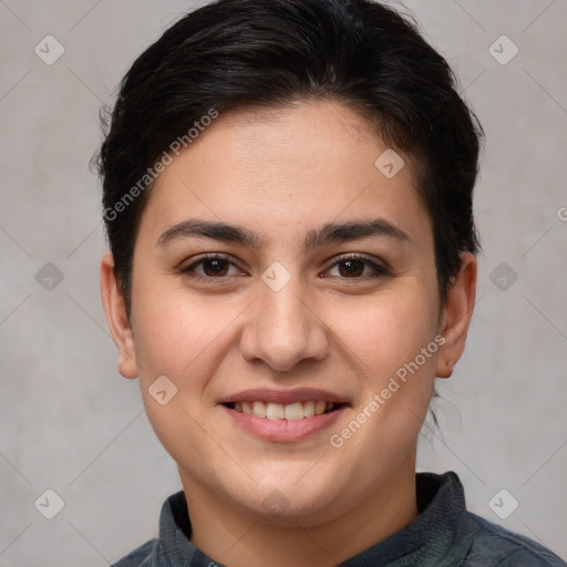 Joyful white young-adult female with medium  brown hair and brown eyes