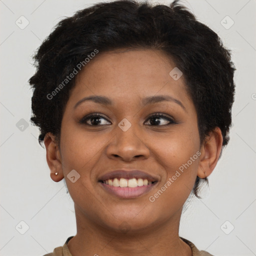 Joyful latino young-adult female with short  brown hair and brown eyes