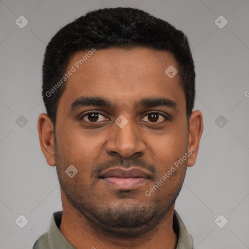 Neutral black young-adult male with short  black hair and brown eyes