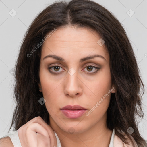 Neutral white young-adult female with medium  brown hair and brown eyes