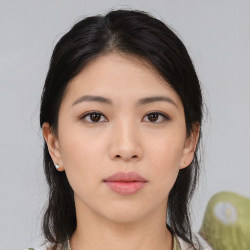 Neutral asian young-adult female with medium  black hair and brown eyes