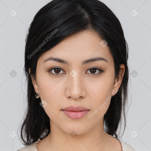 Neutral asian young-adult female with medium  black hair and brown eyes