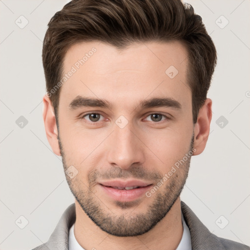 Neutral white young-adult male with short  brown hair and brown eyes