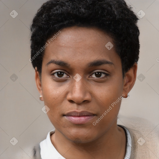 Neutral black young-adult female with short  black hair and brown eyes